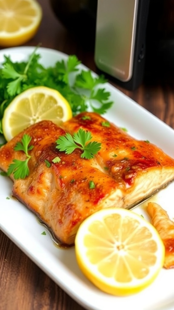 Air fryer salmon fillet with brown sugar glaze, garnished with parsley and lemon on a wooden table.